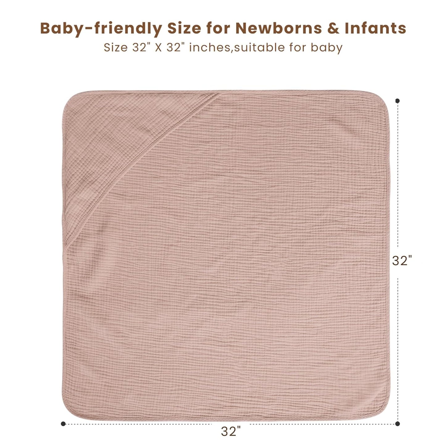 Konssy 2-Pack Muslin Hooded Baby Towels, 100% Cotton, Ultra-Soft & Absorbent Baby Bath Towels with Hood for Newborn & Infant (Taupe,Soft Blooms,32" x 32")