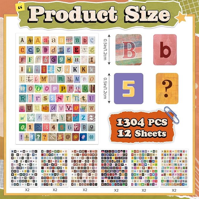 1304 Pcs Letter Stickers for Scrapbook Supplies, Vintage Alphabet Stickers | 12