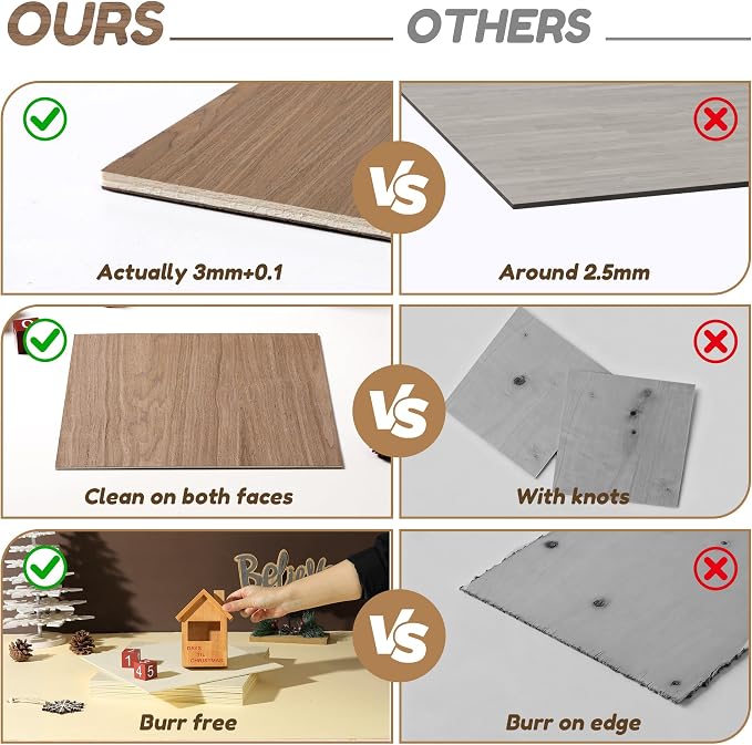 12 Pack Walnut Wood Plywood Sheets, Smooth Surface, Uniform Thickness, No Burrs
