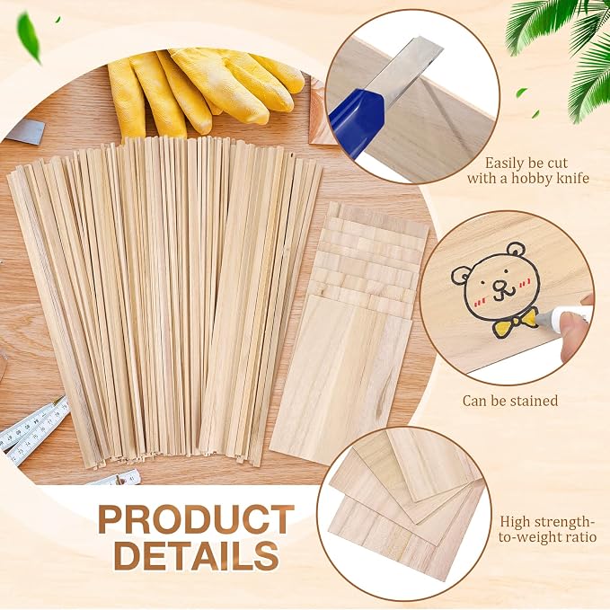 240 Pieces Balsa Wood Sticks Hardwood Square Wooden Craft Dowel Rods Unfinished