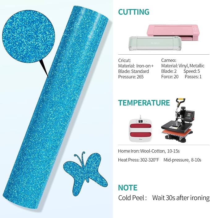 VINYL FROG Glitter HTV Vinyl 10" x5ft Heat Transfer Vinyl Roll Blue Iron on