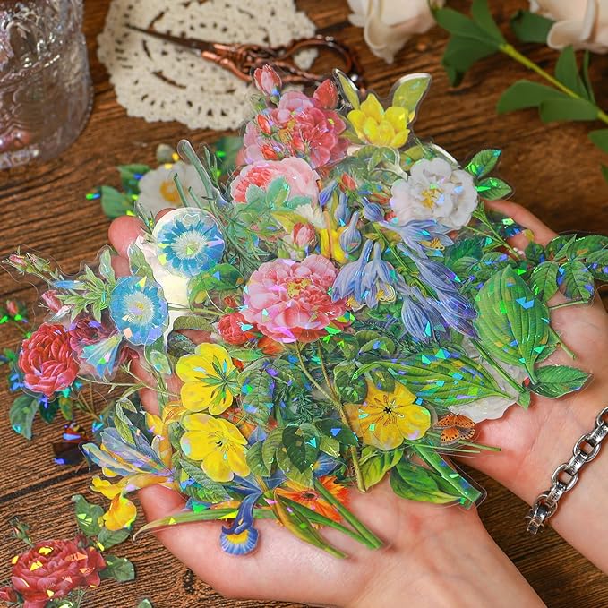 Yoksas 40 Pcs Large Vintage Shiny Flowers Stickers