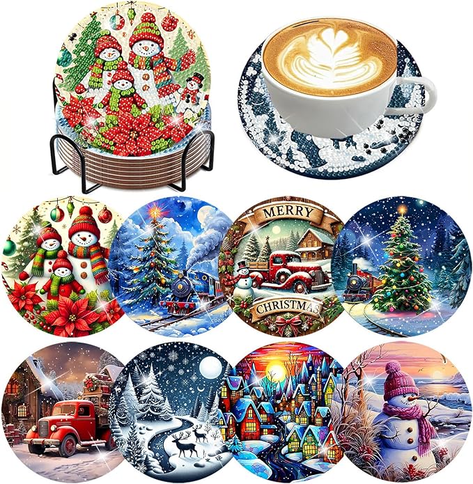 ijbnhd 8 PCS Christmas Diamond Art Coasters Kit Diamond Painting Coasters |