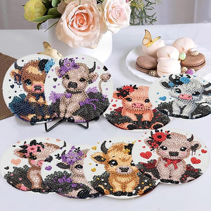 8 Pack Diamond Art Coasters, Highland Cow Diamond Painting Coasters Kits | Cow