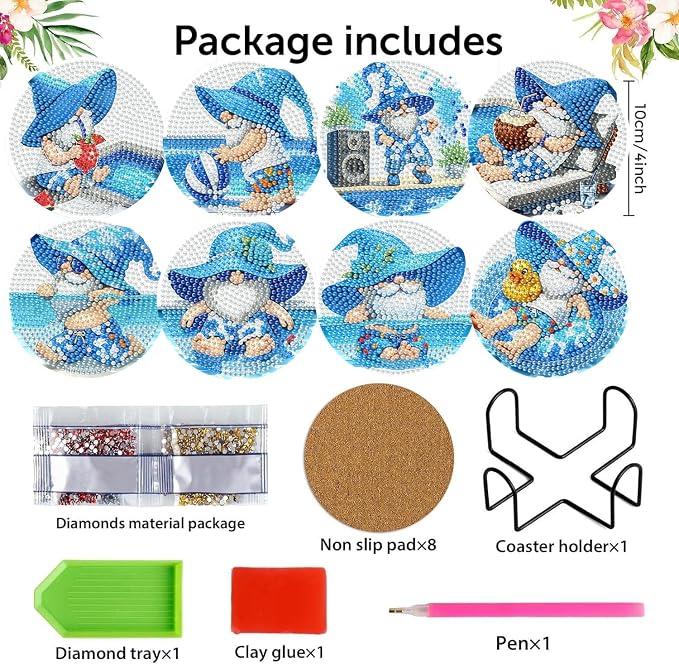 8 Pack Gnome Diamond Art Coasters Kits