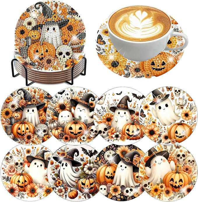 8 Pack Halloween Diamond Art Coasters, Ghost Diamond Painting Coasters Kits |