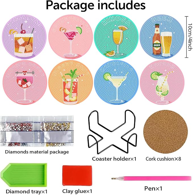 Benjenes 8 PCS Diamond Art Coasters Kits Cocktail Diamond Painting Coaster |
