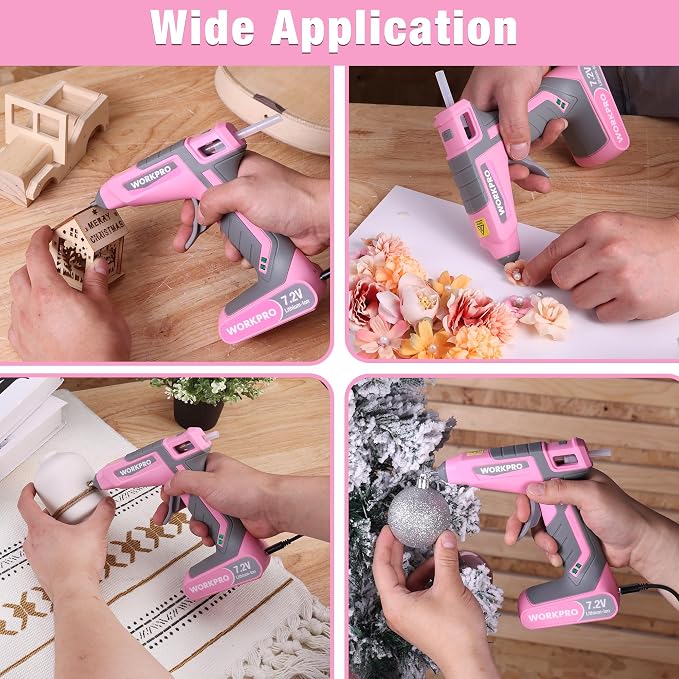 WORKPRO Pink Cordless Hot Melt Glue Gun, 7.2V Rechargeable Fast Preheating Glue
