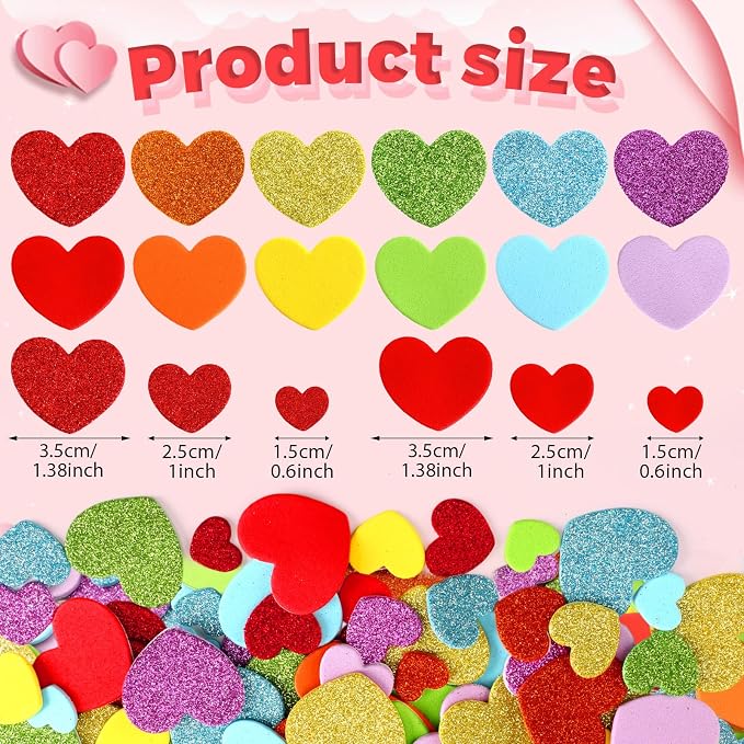 600Pcs Glitter Foam Heart Stickers Valentines Day Love Sticker | 3 Sizes