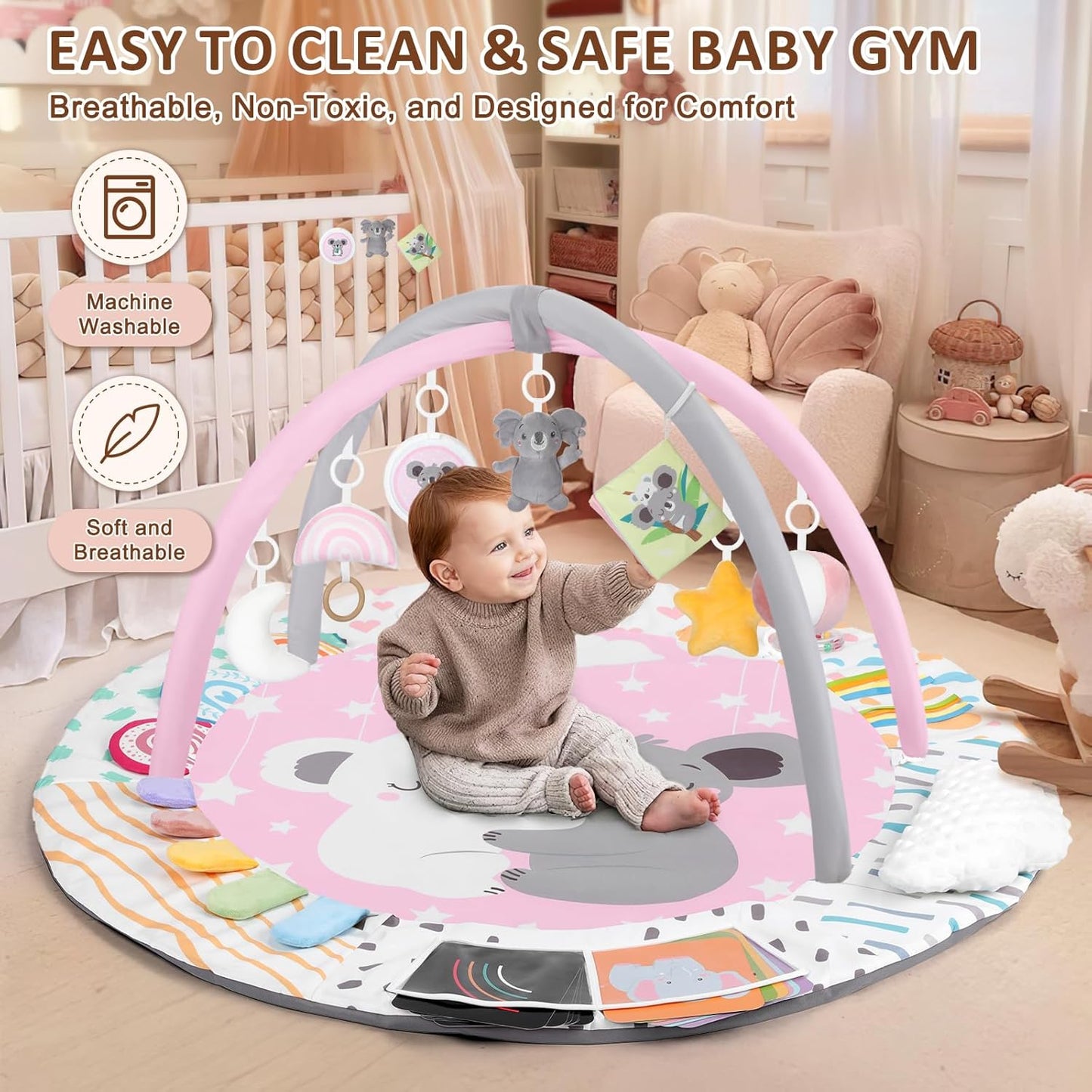 Baby Play Gym & Activity Mat, Tummy Time Mat with Tummy Time Pillow 7 Detachable Sensory Toys and Educational Cards for Motor Skills & Sensory Development, Baby Essentials Shower Gift, Pink Koala