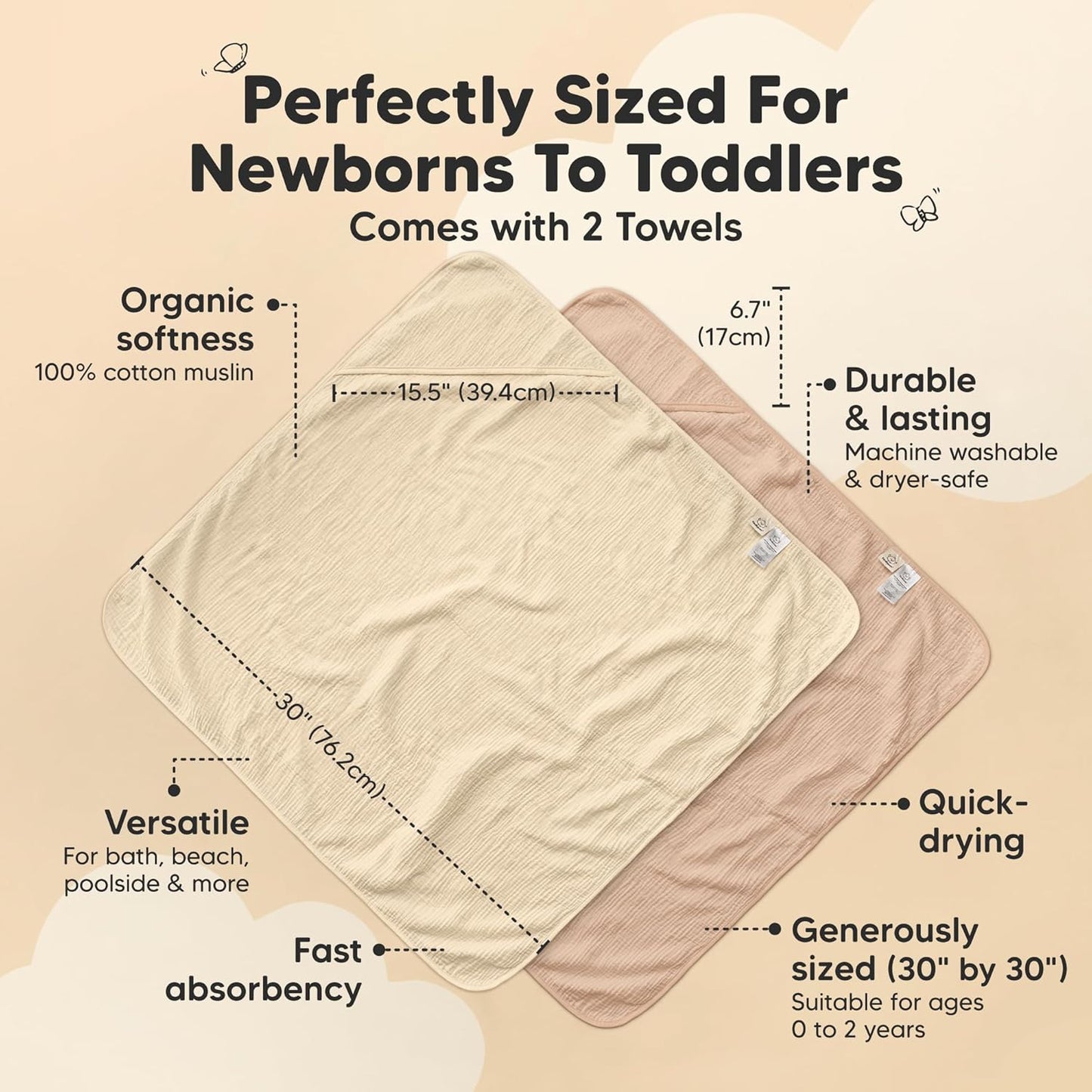 KeaBabies Muslin Hooded Baby Towels for Newborn Girls, Boys - 2-Pack, 30x30 Organic Cotton Baby Bath Towels Hooded, Soft Absorbent, Toddlers, Kids, Infant, Newborn Bath Essentials (Almond, Petite)