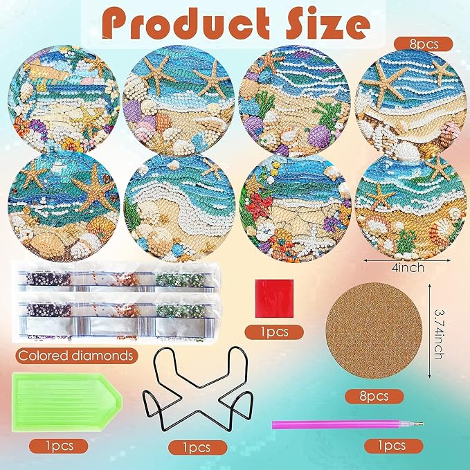 ijbnhd 8 Pack Diamond Art Coasters Kits Ocean | Diamond Painting Coasters Kit