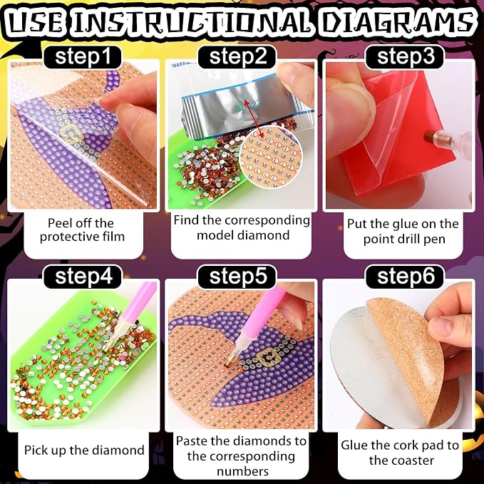 UPINS 8Pcs Halloween Diamond Art Painting Coasters Kits
