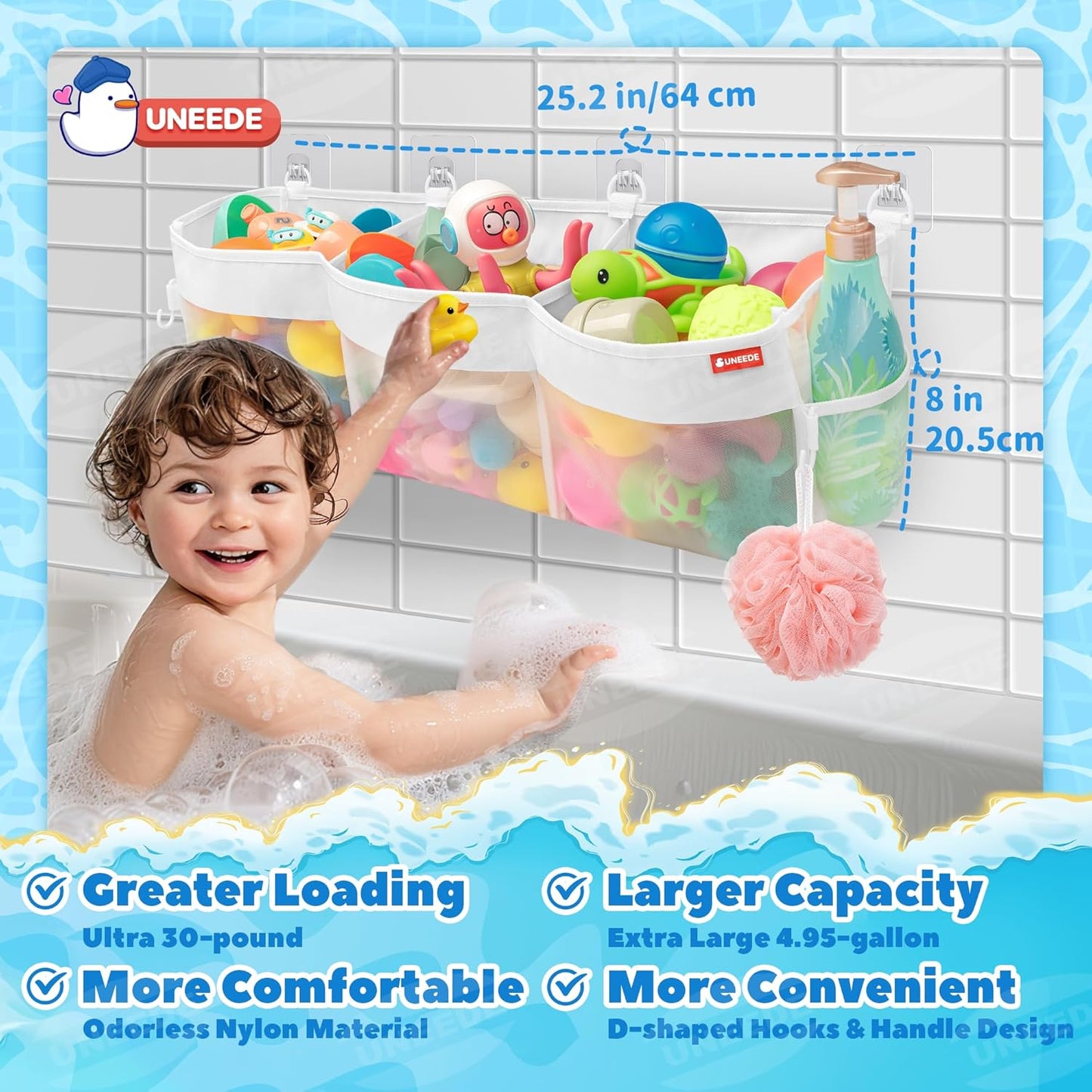 UNEEDE 3 Compartment Horizontal Bath Toy Organizer for Tub,Extra Large Capacity 4.95 Gallons Bath Toy Storage Holder,Mesh Quick Dry Bathtub Storage and Organizer,Easy Access Baby Bathtub Holder