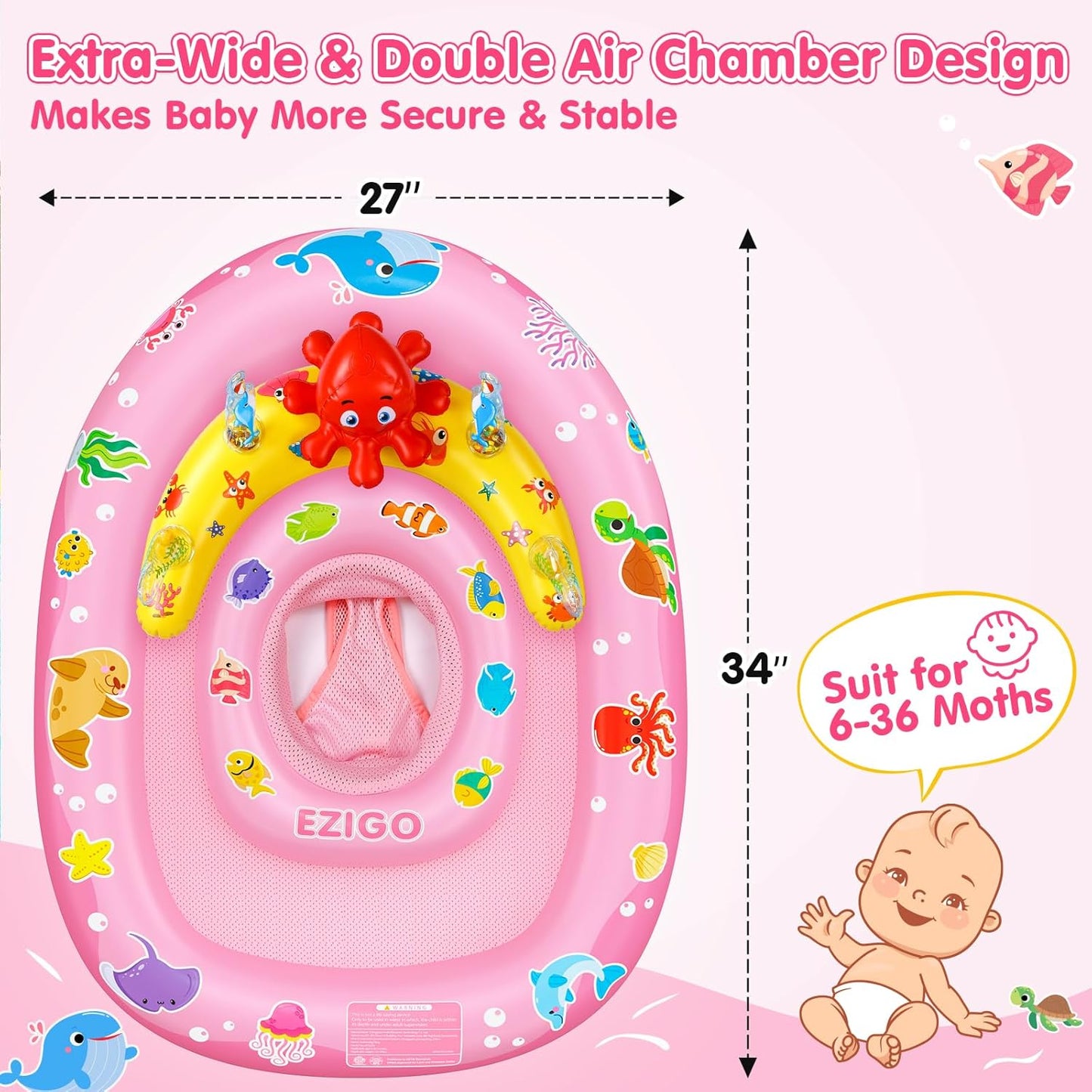 EZIGO Baby Pool Float with Canopy UPF50+ Sun Protection, Inflatable Kids Pool Floats with Ocean Animal Toys for Baby 6-36 Months, Infant Swimming Float with Adjustable Safety Seat for Boys Girls
