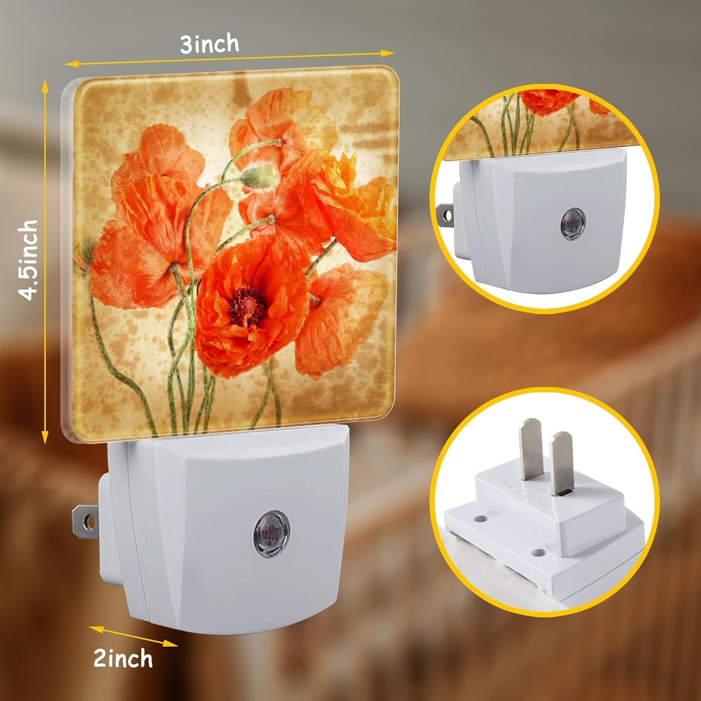 Vintage Orange Flowers Night Light Plug Wall,Poppy Bouquet Oil Painting LED Night Lights with Dusk to Dawn Light Sensor for Women Girls Boys Room Decor,Hallway,Kitchen,Bathroom,Nursery,Stairs