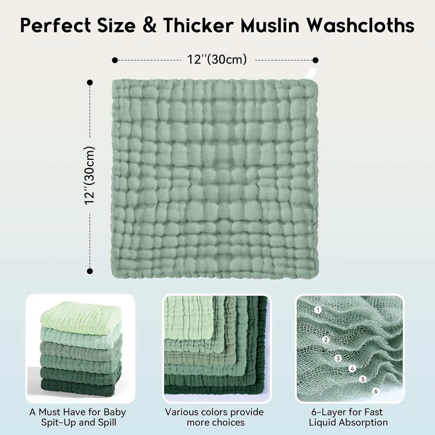 Muslin Baby Washcloths 6 Pack, 100% Cotton Wash Cloths for Babies, Large 12''X12'' Burp Cloths Absorbent and Soft for Newborn Infants Kids Boys Girls - Gradient Green