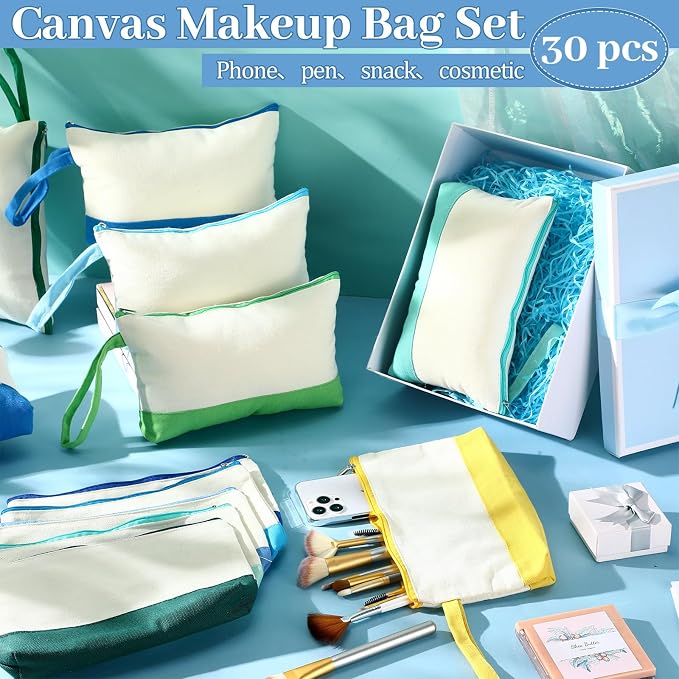 Silkfly 30 Pcs Cotton Canvas Makeup Bags Cosmetic Zipper Bags 10.2 x 5.5 x 2''