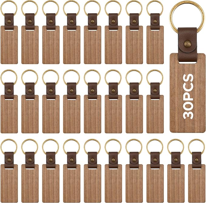 OMTech Wooden Keychain Blanks, Wood Key Chain Bulk, Unfinished Wooden Key Rings