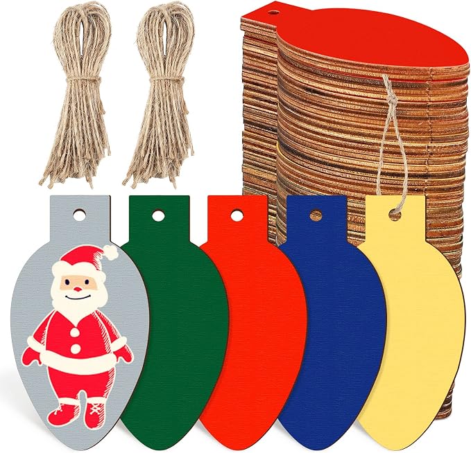 Queekay 50 Pcs Christmas Unfinished Wooden Light Bulb Wooden Slices Blank