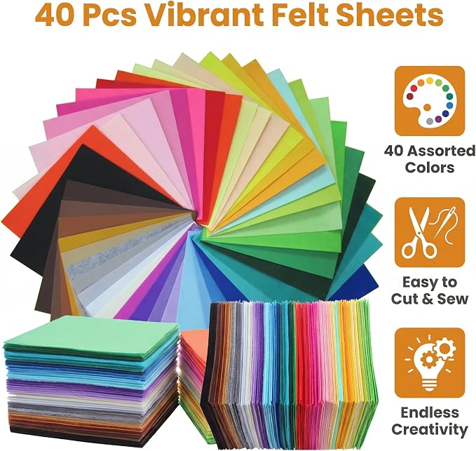 40 Pcs 6x6 Inch Colorful Craft Felt Sheets, Soft Thin Felt Fabric Squares