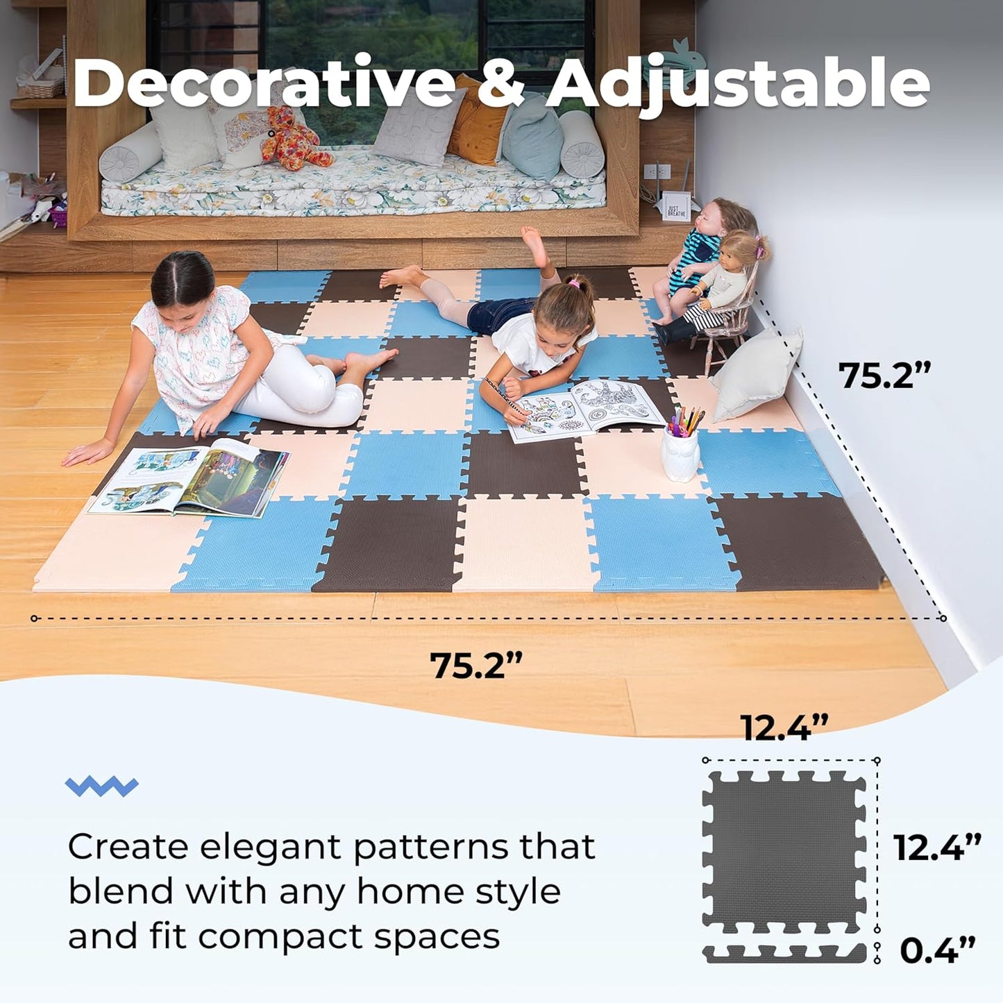 MioTetto Baby Play Mat, Soft Foam Floor Tiles for Kids. Adjustable Interlocking Foam Tiles, Fits with 74x74 Playpen Baby mat for Crawling & Development, Safe & Non-Toxic Playmat for Babies 6-12 Months