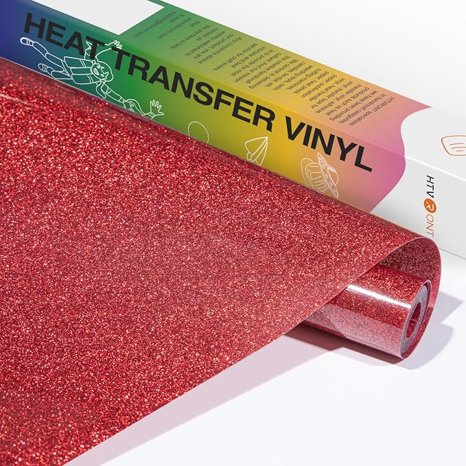 HTVRONT Red Glitter HTV Vinyl- 10” x 5ft Red Glitter Iron On Vinyl | Red