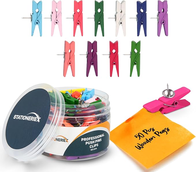 50Pcs Push Pins with Multicolor Clip
