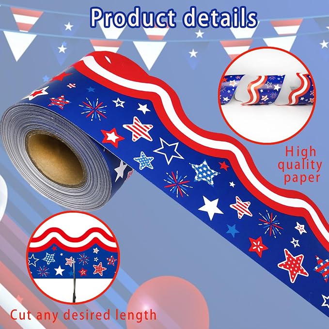 69Feet Patriotic Bulletin Board Border 4th of July Red Blue White Stars