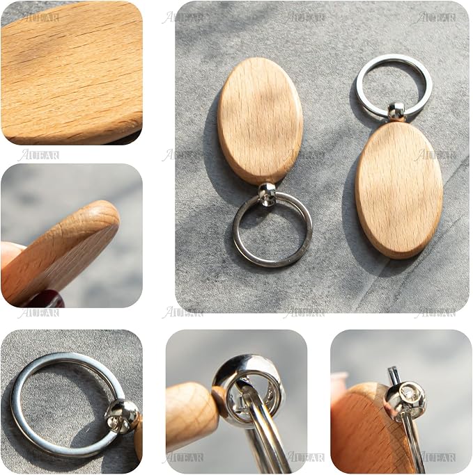 AUEAR, Blank Wooden Key Chain Wood Keychain Key Ring Key Tags Personalized EDC