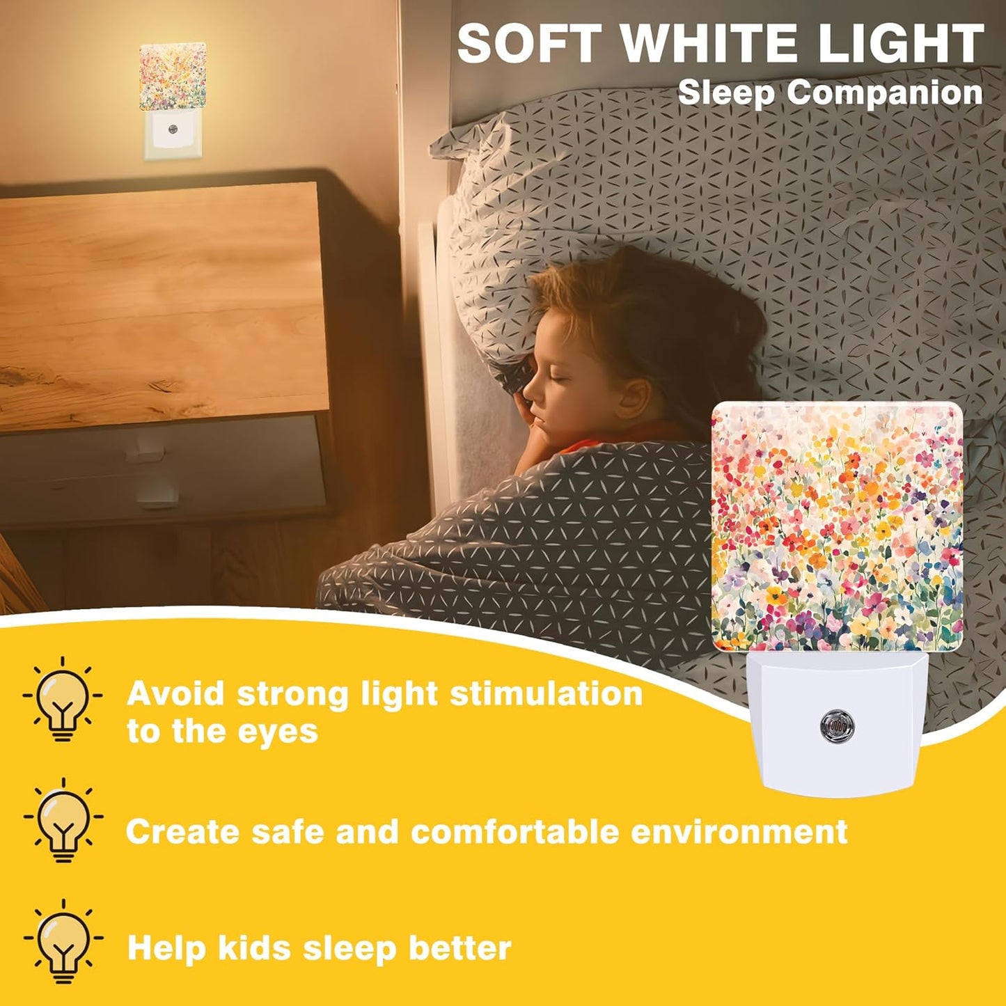 Colorful Flowers Night Light, Watercolor Floral Plug-in Nightlight with Dusk to Dawn Auto Sensor for Home Bedroom Hallway Kitchen 0.5W Sleep Friendly Led Lamp for Women Men