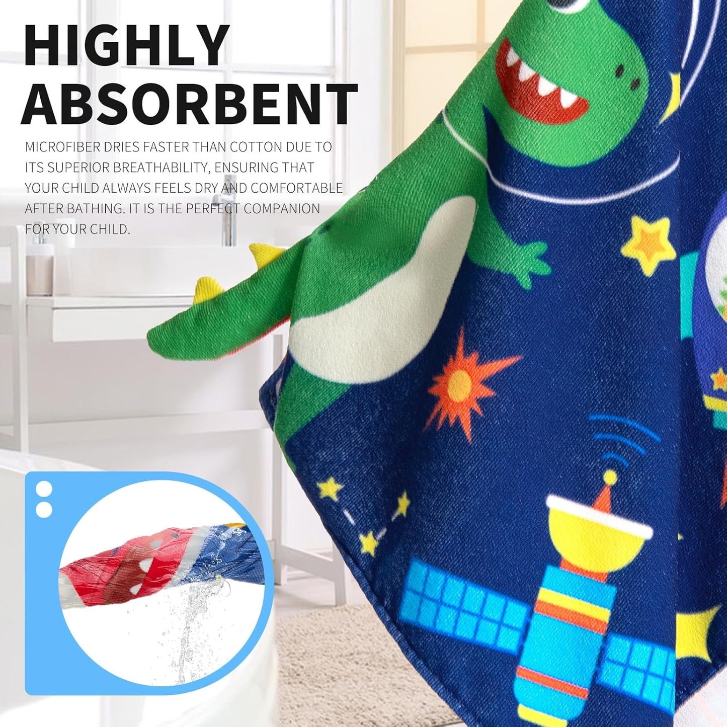 OLAOLA Space Dinosaur Hooded Towel for Kids 3-12 Years, Soft Thick Absorbent Beach Towels, Toddler Bath Towel Wrap 28" x 53", Swim Pool Towels Poncho for Boys Girls