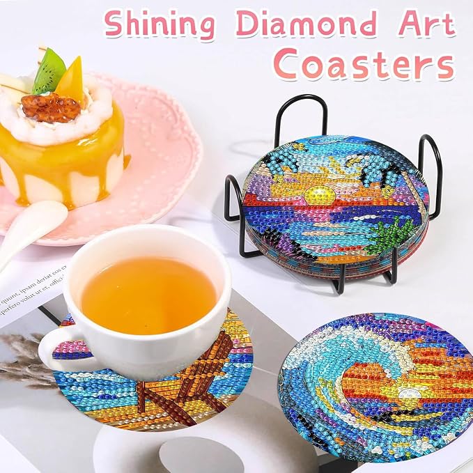 8 PCS Diamond Art Coasters Kits Sunset Beach Diamond Painting Coaster | Diamond