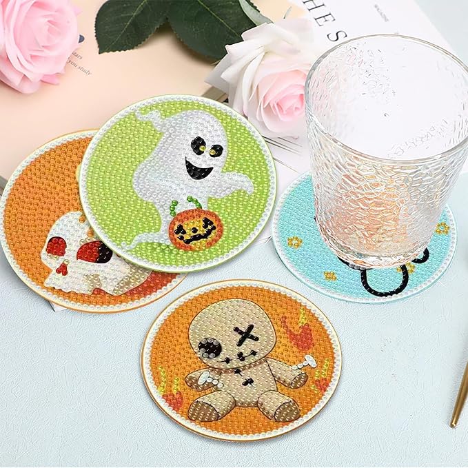 Clendo 8 PCS Halloween Diamond Art Coasters Kits, Cute Diamond Painting Coaster