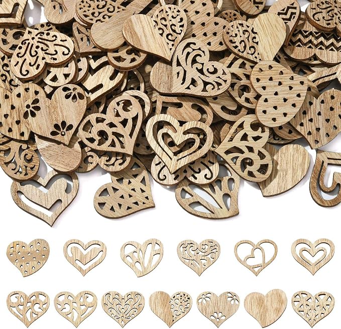 200 pcs Mixed Styles Hollow Heart Theme Unfinished Wood Cutout Charms Cute Love