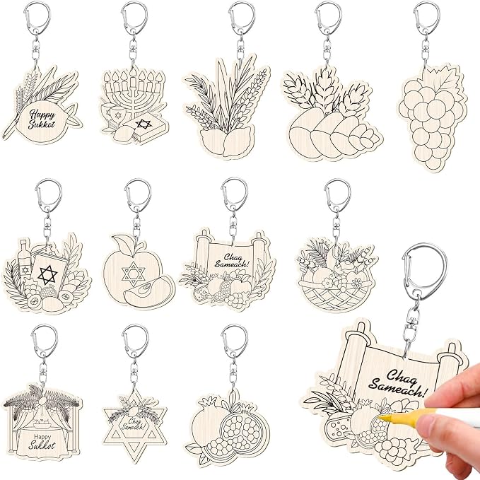 RattanView 24 Pcs Sukkot Crafts Color Your Own Keychains Diy Craft Wooden Blank