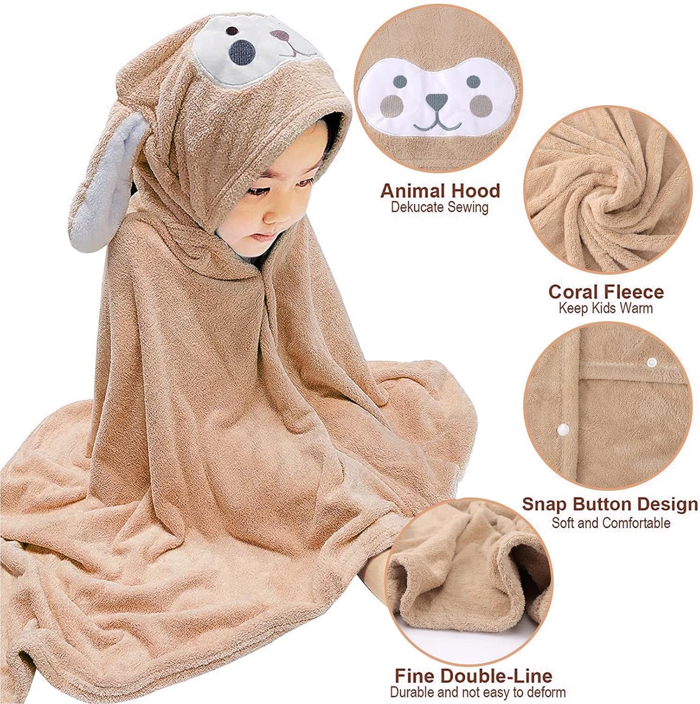 Visen Premium Hooded Towel for Kids,-28×55 INCH Large Size Kids Bath Towel,Ultra Soft Hooded Towel Wrap for Boys Girls, Highly Absorbent Bathrobe Blanket Gifts for Toddlers Shower (Brown)