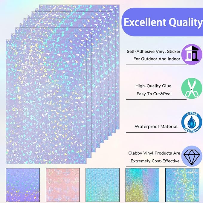 Clabby 36 Sheets Holographic Sticker Paper A4 Vinyl Holographic Laminate Sheets