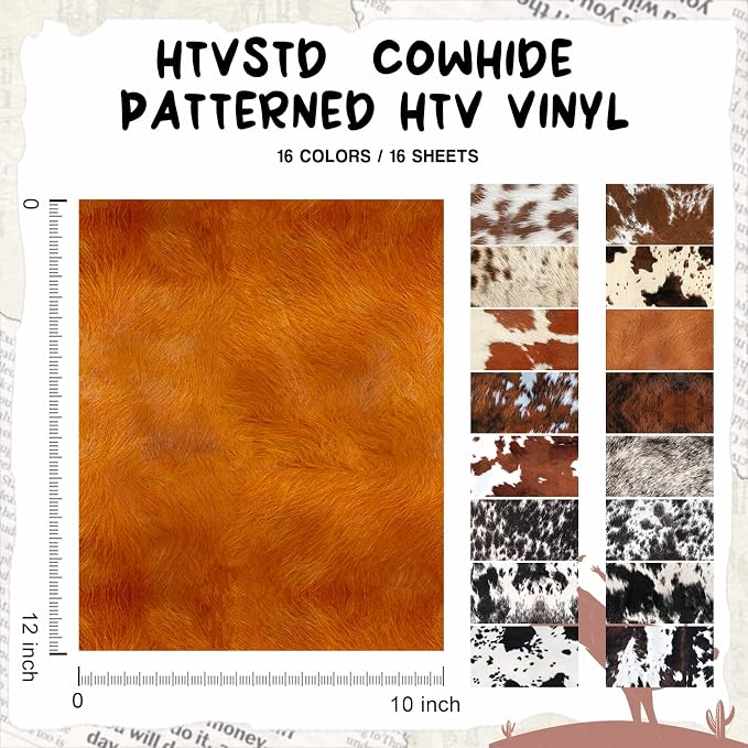 HTVSTD Cowhide Heat Transfer Vinyl 16 Sheets 12×10in Iron on Vinyl | Brown