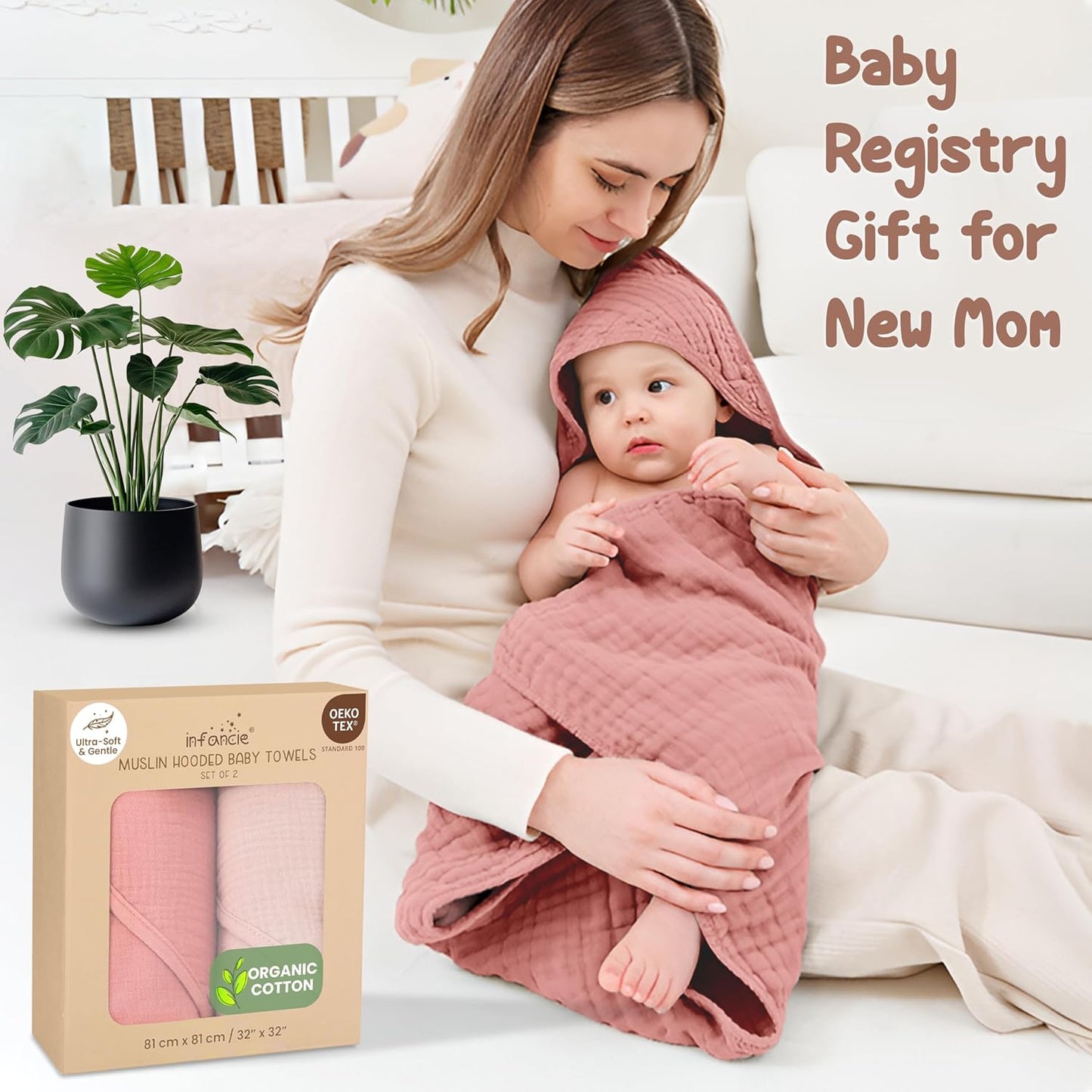Organic Cotton Muslin Baby Hooded Towels - 32x32 Inch, 2 Pack Newborn Bath Towels for Boys & Girls, Soft & Absorbent Bath Set (Rose/Peach)