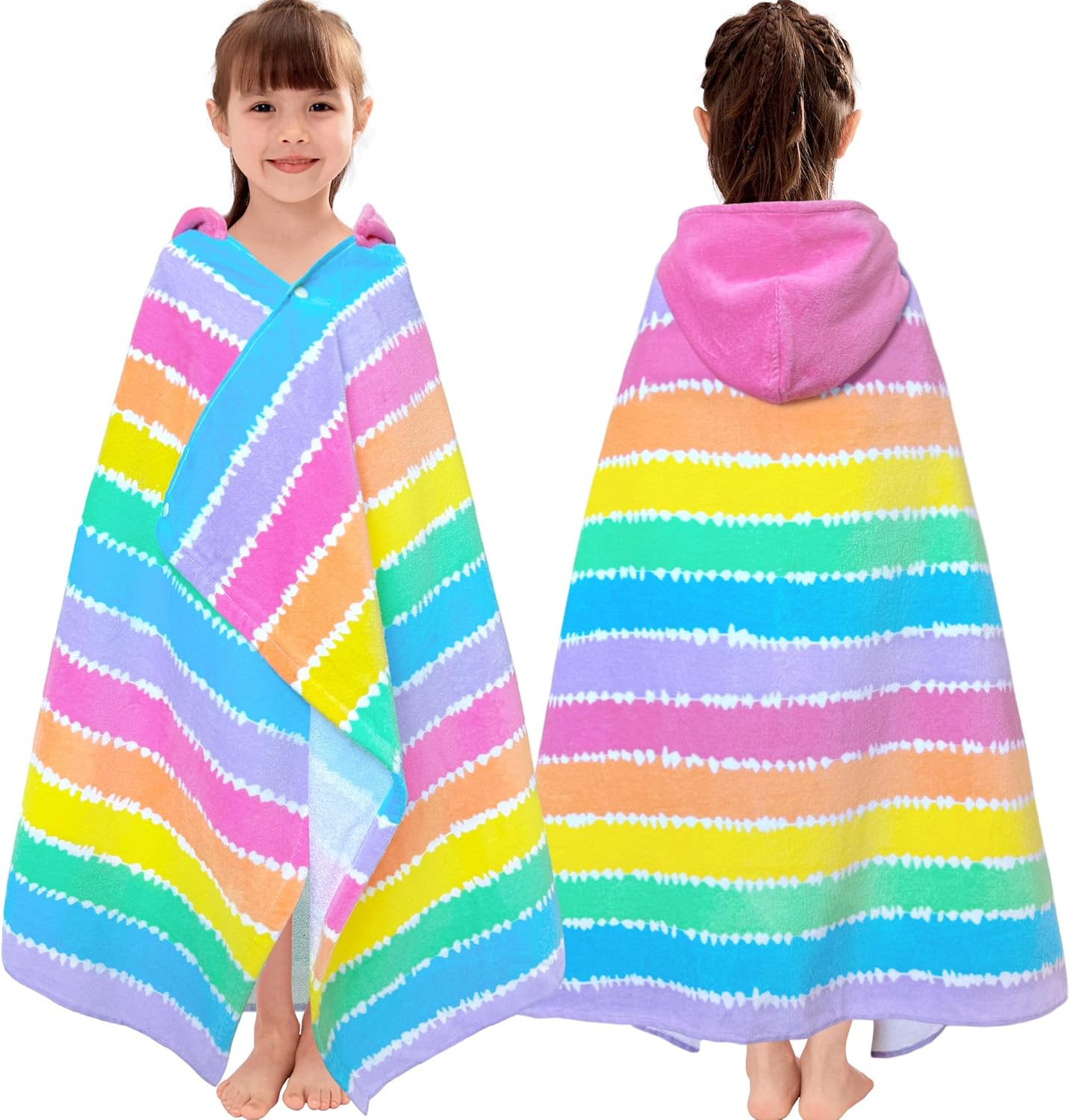VOOVA & MOVAS Hooded Beach Towels for Girls & Kids (3-10 Years) | 30"x50" Soft Absorbent 100% Cotton Towel Wrap | Perfect for Toddler Beach, Pool, Bath, Swimming | Striped Color Design