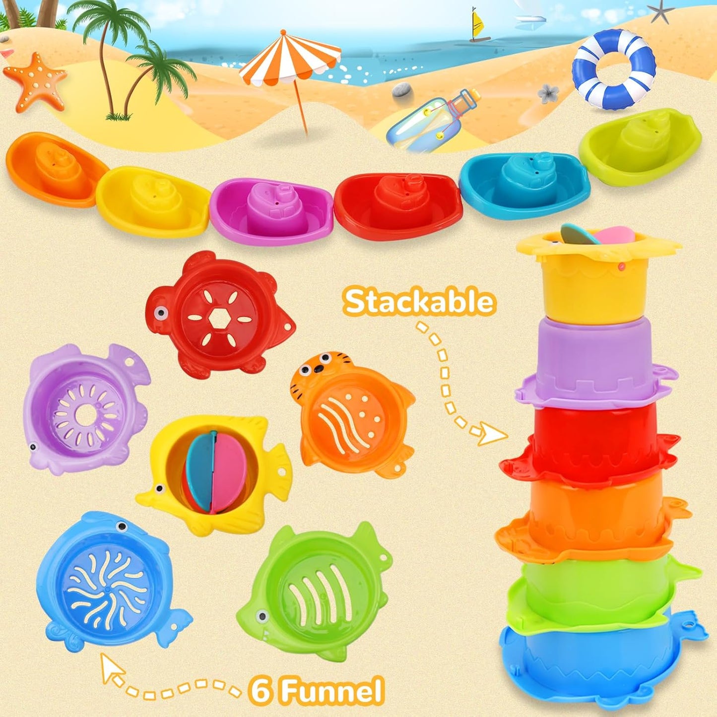 Bath Toys for Kids Ages 1-3, Kids Bath Toys with Floating Boats, Bathing Spoon Shower, 13 PCS Bathtub Toy for Babies Water Table Pool Birthday Gift for Toddlers 1-3 Infant Baby Boys/Girls 6-12-18M+