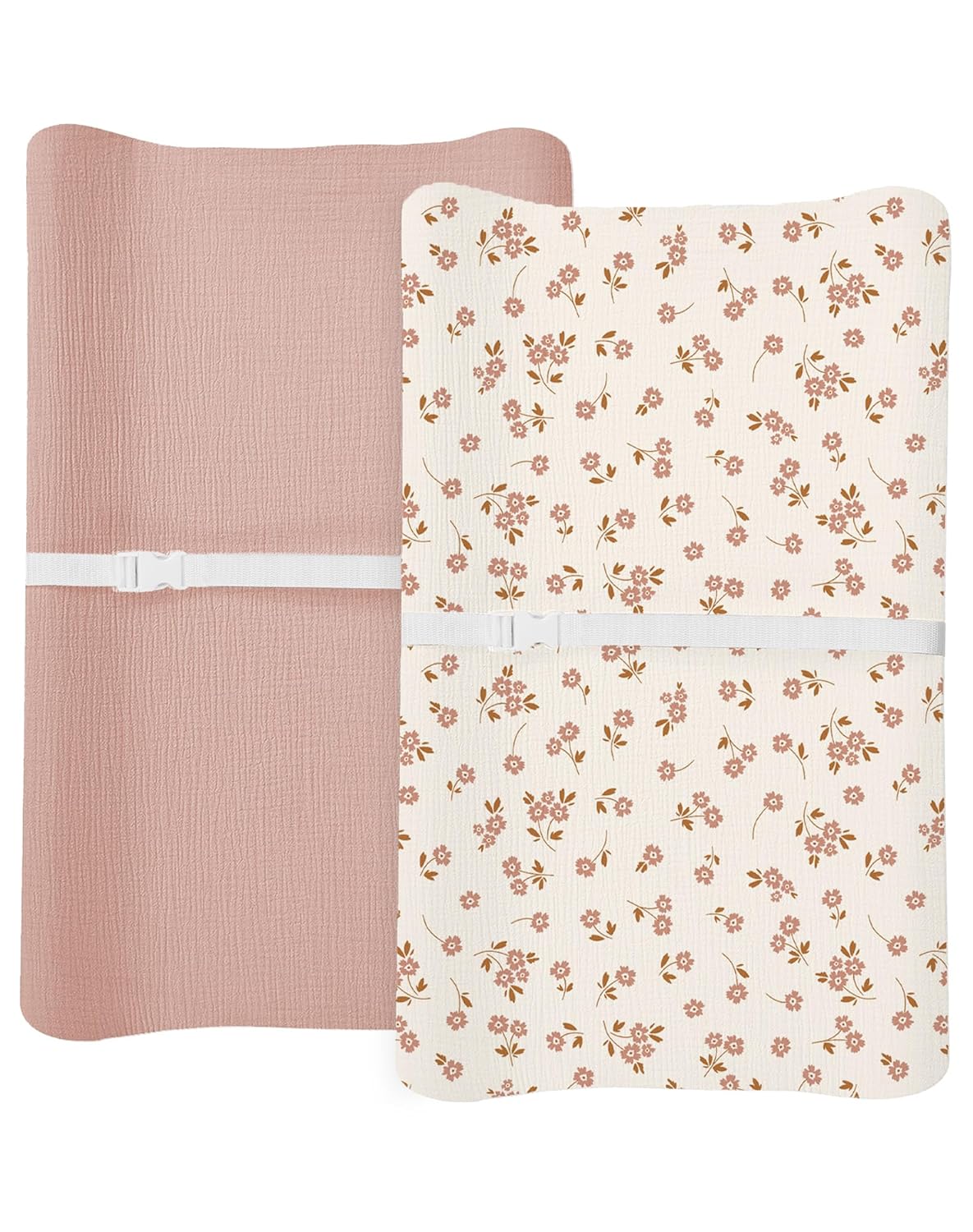 Changing Pad Cover for Baby Boy Girl 2 Pack, Muslin Changing Table Pad Covers with Boho Style, Neutral Nursery Bedding Essentials Soft and Breathable (Floral & Pink)