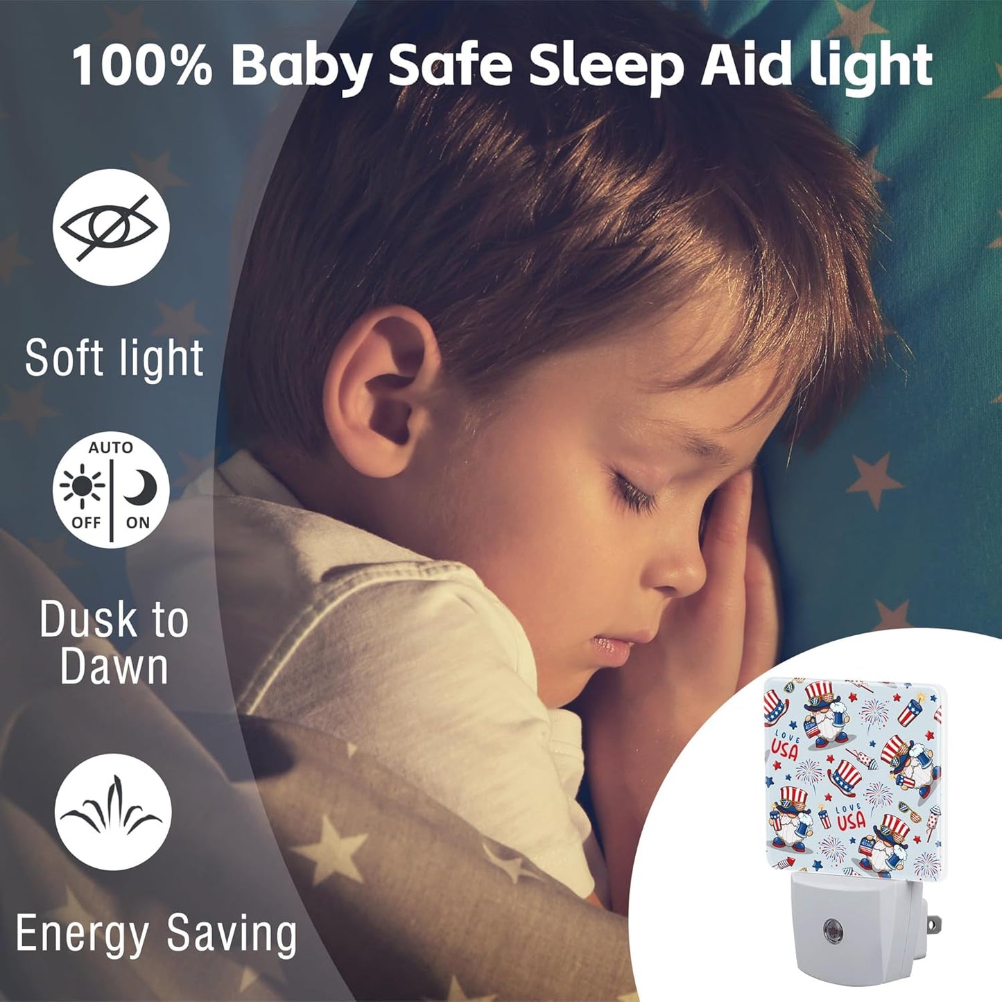 Cute American Patriotic Gnomes Night Light Plug into Wall, USA Flag Love USA Dusk to Dawn Night Light Plug in,0.5w Energy Saving Sleep Friendly NightLight for Kids Boys Girls Home Decor