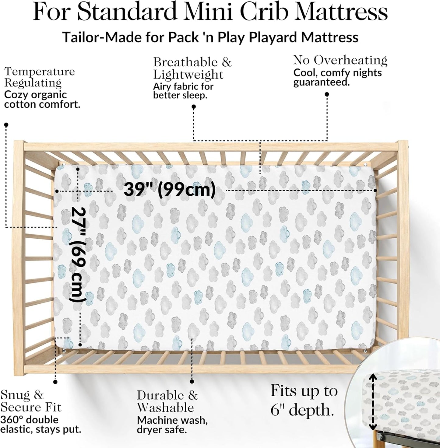 100% Organic Cotton Mini Crib Sheets (3-Pack) - GOTS Certified - Breathable Pack n Play Sheets Fitted - Double-Elastic for Secure Fit, Extra Protection for Your Baby - Gender-Neutral Prints (27"x39")