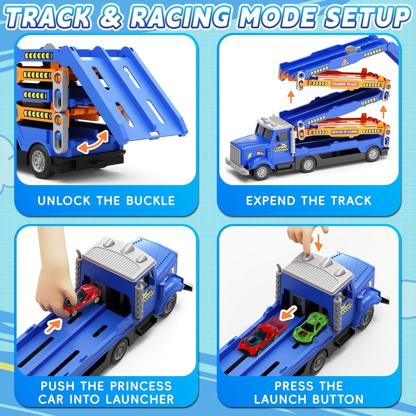 HONGTUO Toddler Truck Track Set with Lights & Sounds – 55-Inch Racing Track with 6 Die-Cast Cars, Perfect Birthday for 3 4 5 6 7 Years Old Boys and Girls