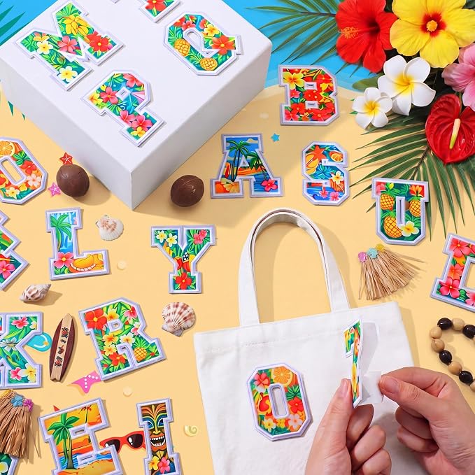 WILLBOND 52 Pcs Hawaii Luau Alphabet Patches 2.8 Inch Self Adhesive Letter