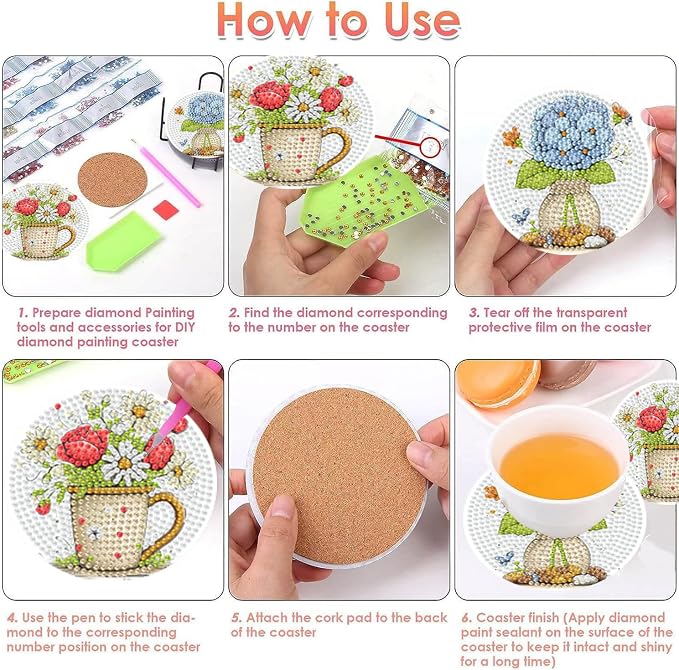 8 PCS Flowers Diamond Art Coasters Kits | Diamond Paintings Coasters