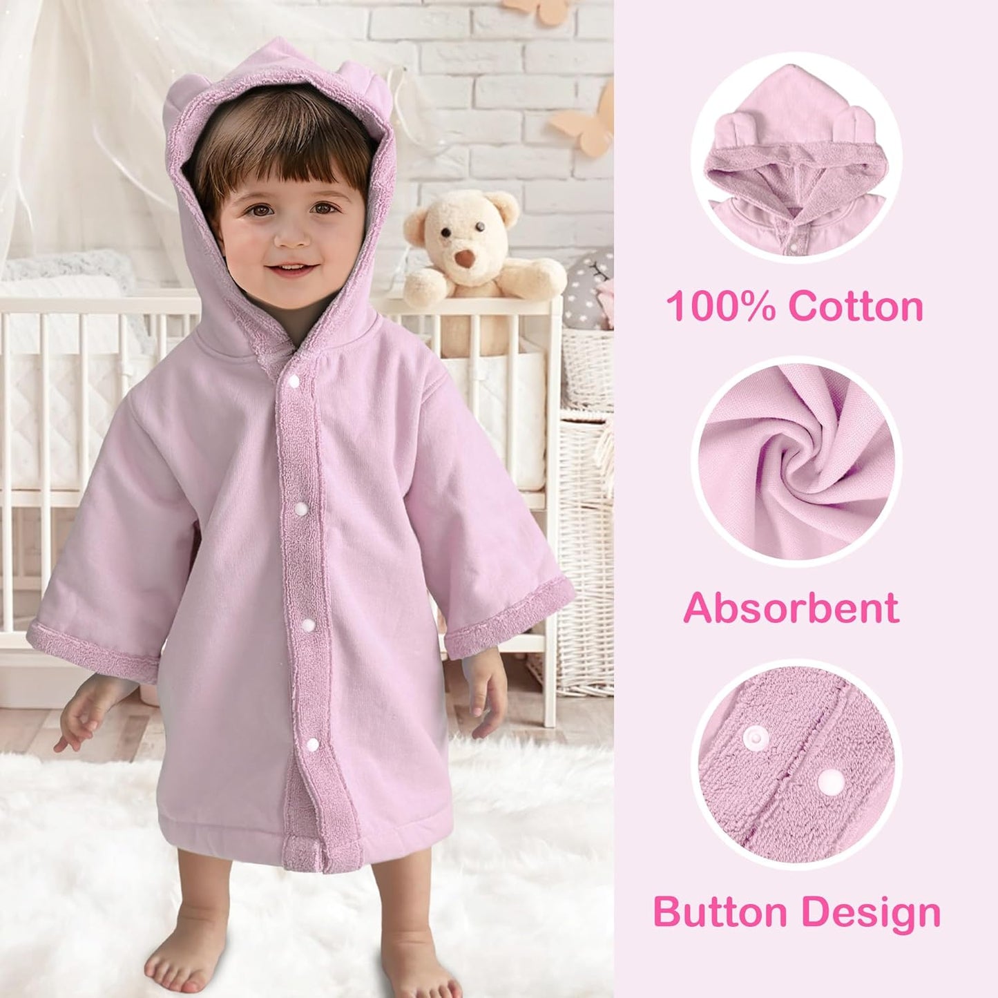VOOVA & MOVAS Baby Hooded Towel with Bear Ear, 0-3Years | 100% Cotton,Low Lint, Ultra-Soft & Absorbent | Gentle for Sensitive Skin, Bath, Pool & Beach Towel | Newborn (Pink)