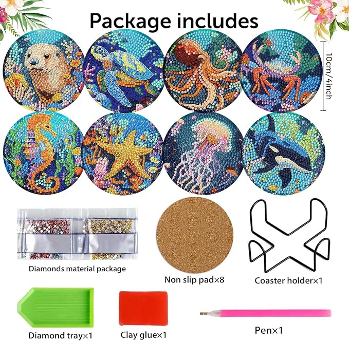 8 Pack Diamond Art Coasters, Ocean animal Diamond Painting Coasters Kits |